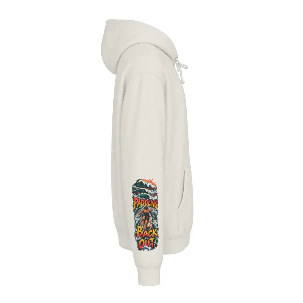 Cream-colored unisex surf hoodie with vibrant paddling back out kayak graphic on left sleeve machine wash max 30c care instructions
