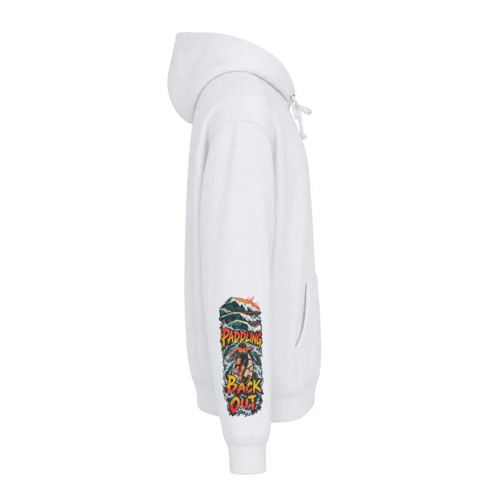 White hoodie with vibrant paddling back out canoe graphic on left sleeve unisex surf hoodie machine wash max 30c