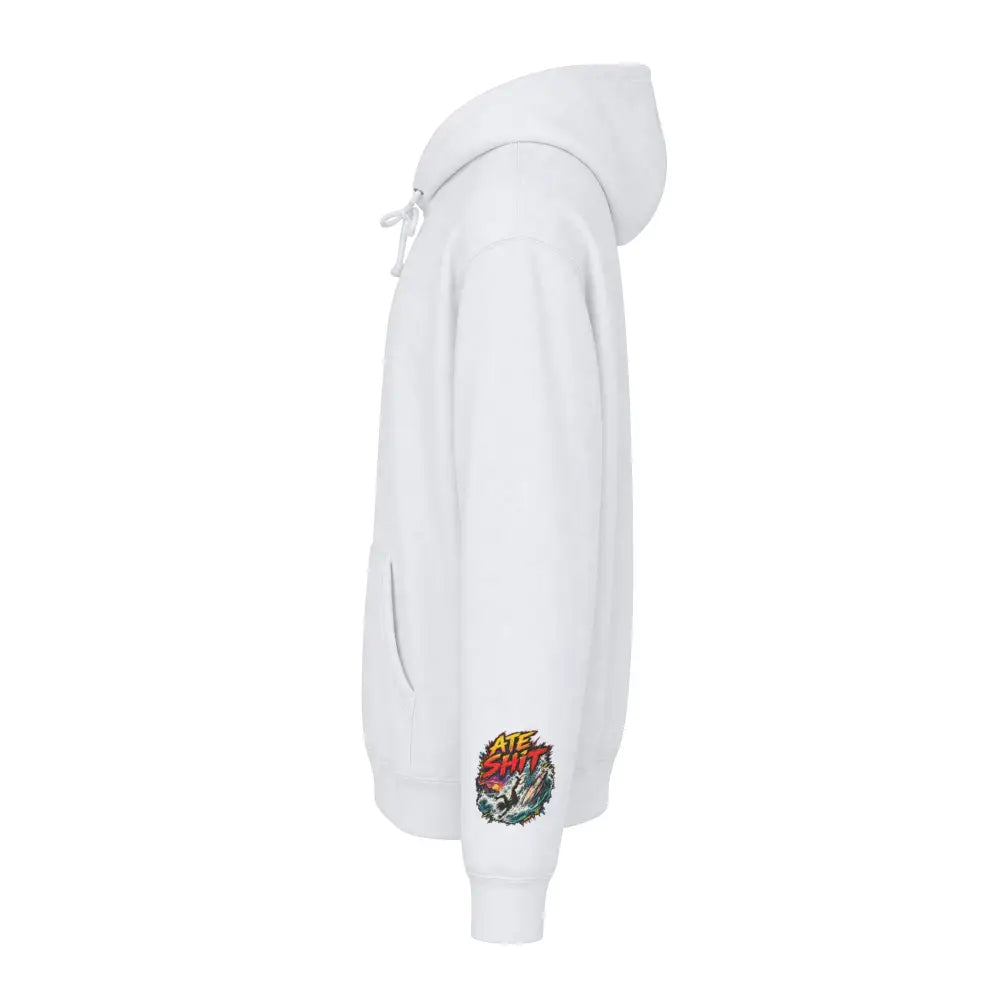 White unisex surf hoodie with colorful ate shit graphic on left sleeve machine wash max 30c care instructions included