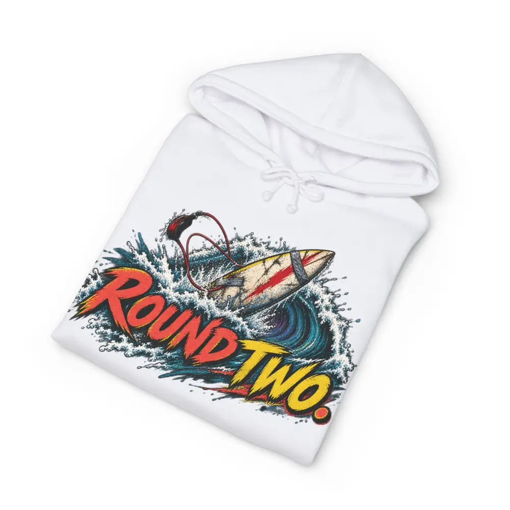 White unisex surf hoodie with vibrant round two surfboard graphic and machine wash care instructions max 30c