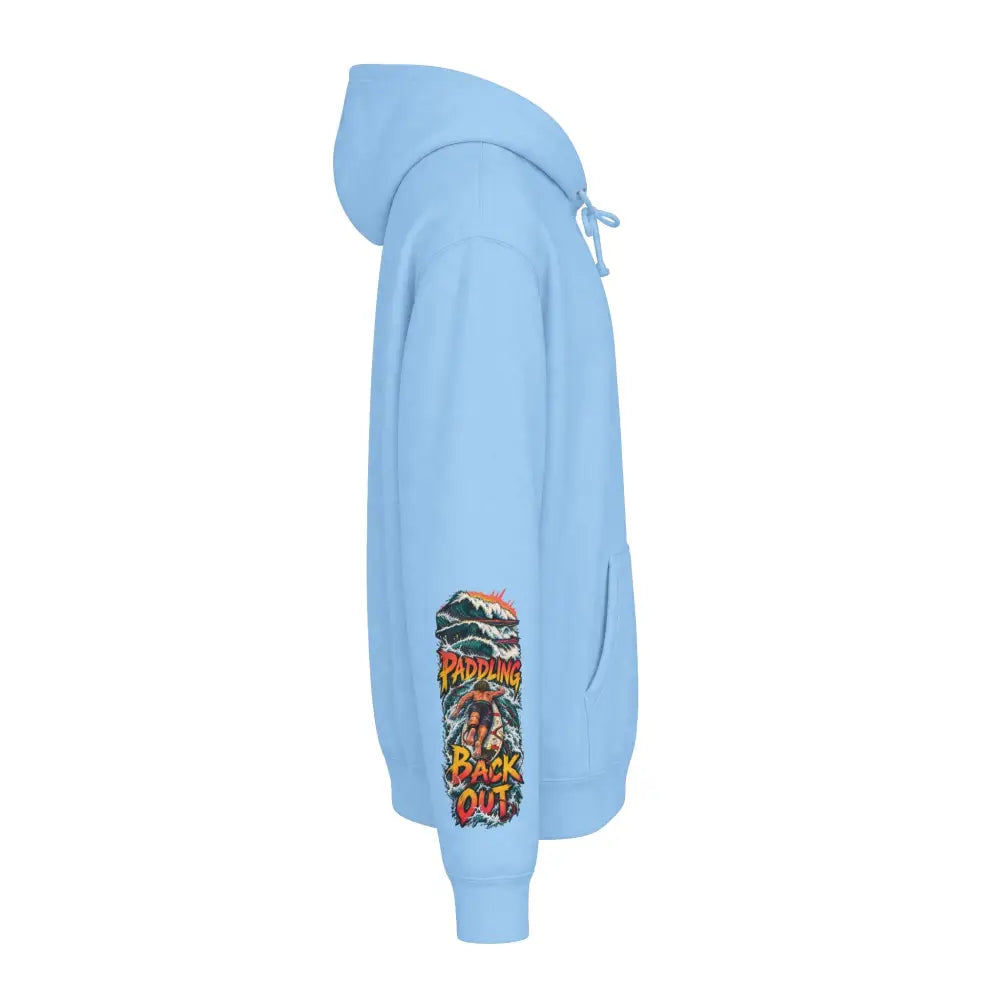 Light blue unisex surf hoodie with vibrant mountain graphic and paddling back out text on left sleeve machine wash max 30c