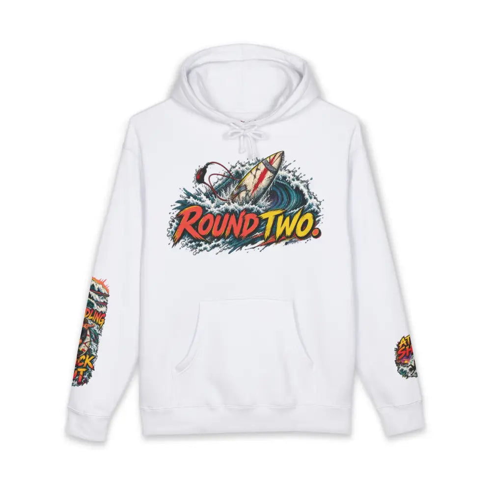 White unisex surf hoodie with vibrant round two graphic and colorful sleeves, machine wash max 30c care instructions