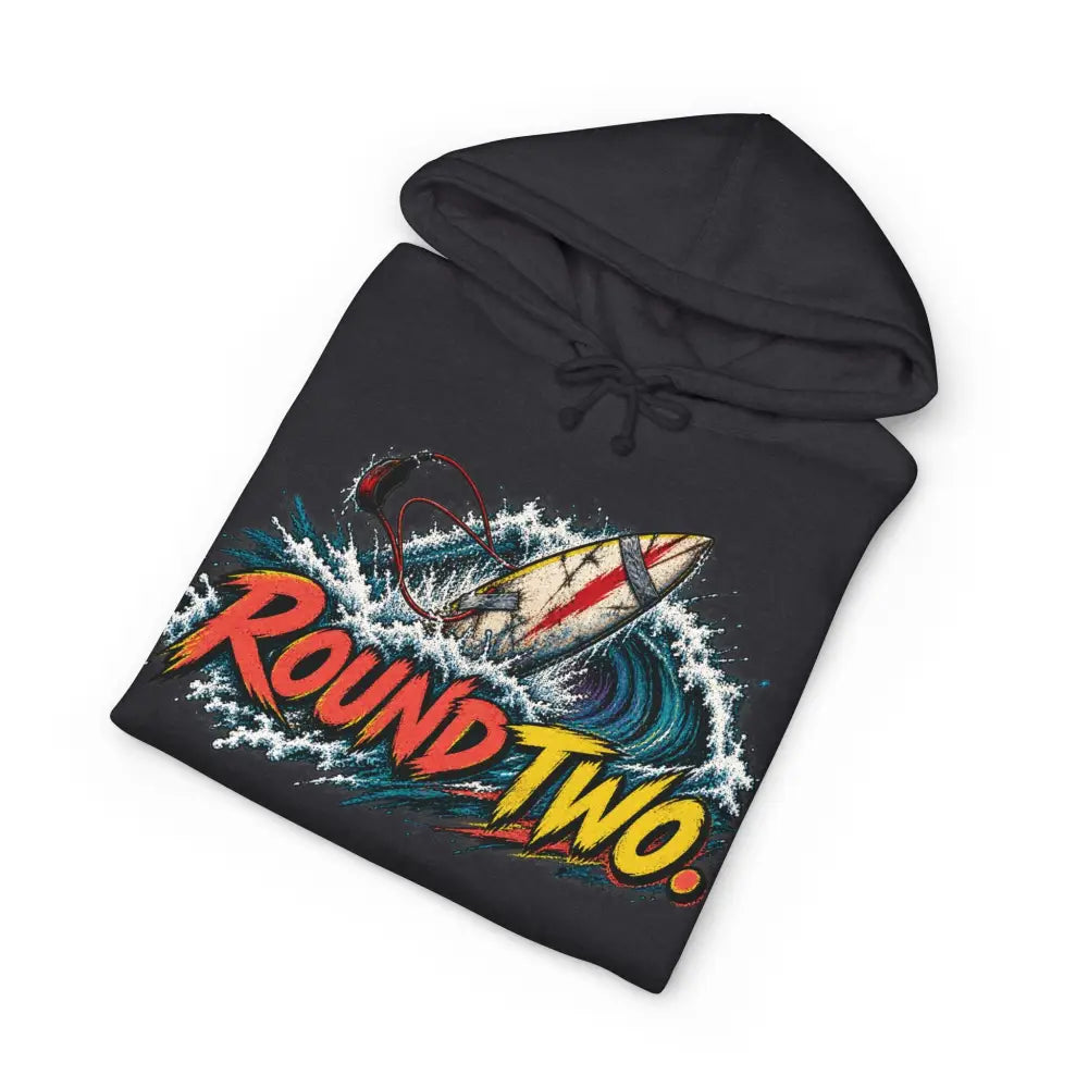 Black unisex surf hoodie with vibrant surfboard graphic and round two text in red and yellow, machine wash max 30c care instructions