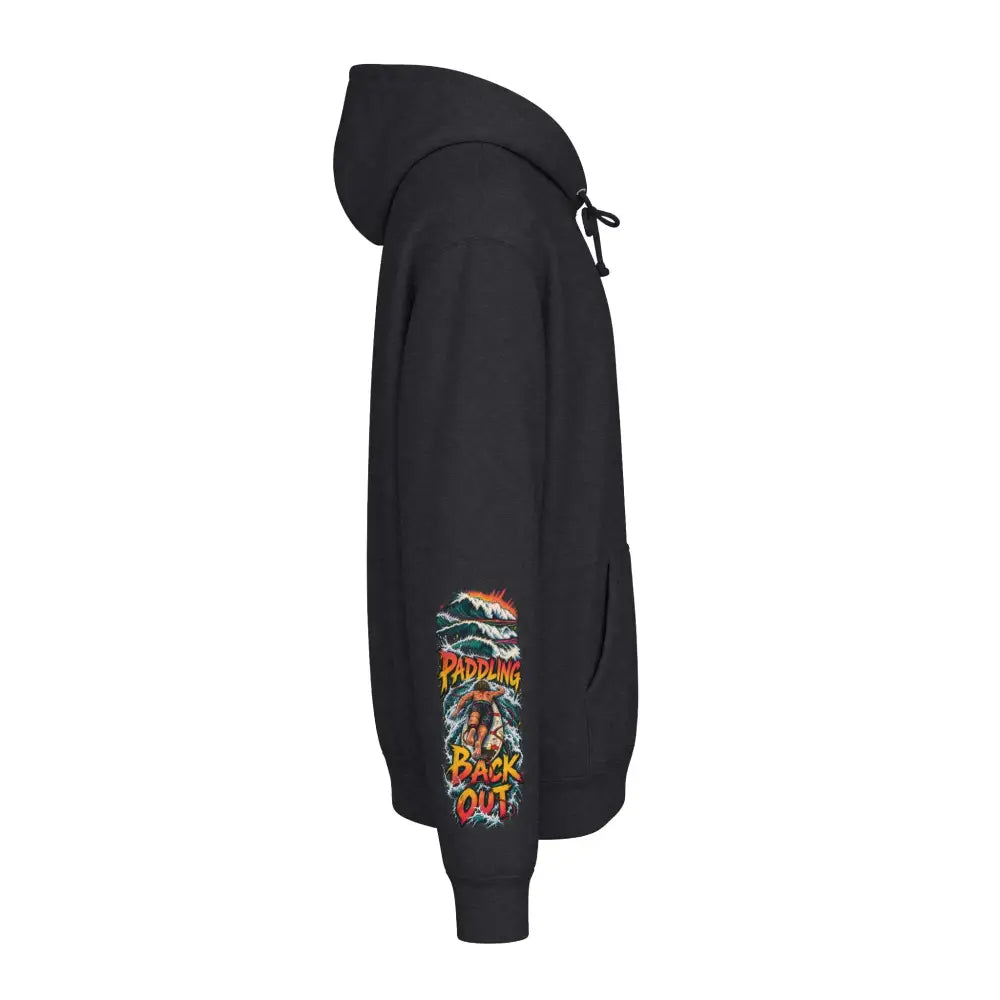 Unisex black surf hoodie with colorful waves graphic and paddling back out text on left sleeve machine wash max 30c care instructions
