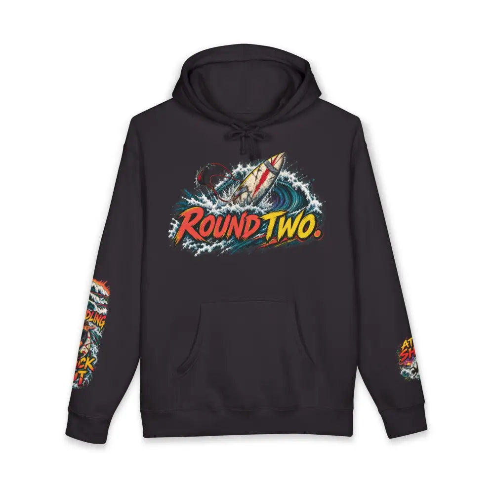 Black unisex surf hoodie with vibrant round two retro graphic in orange and yellow, machine wash max 30c care instructions