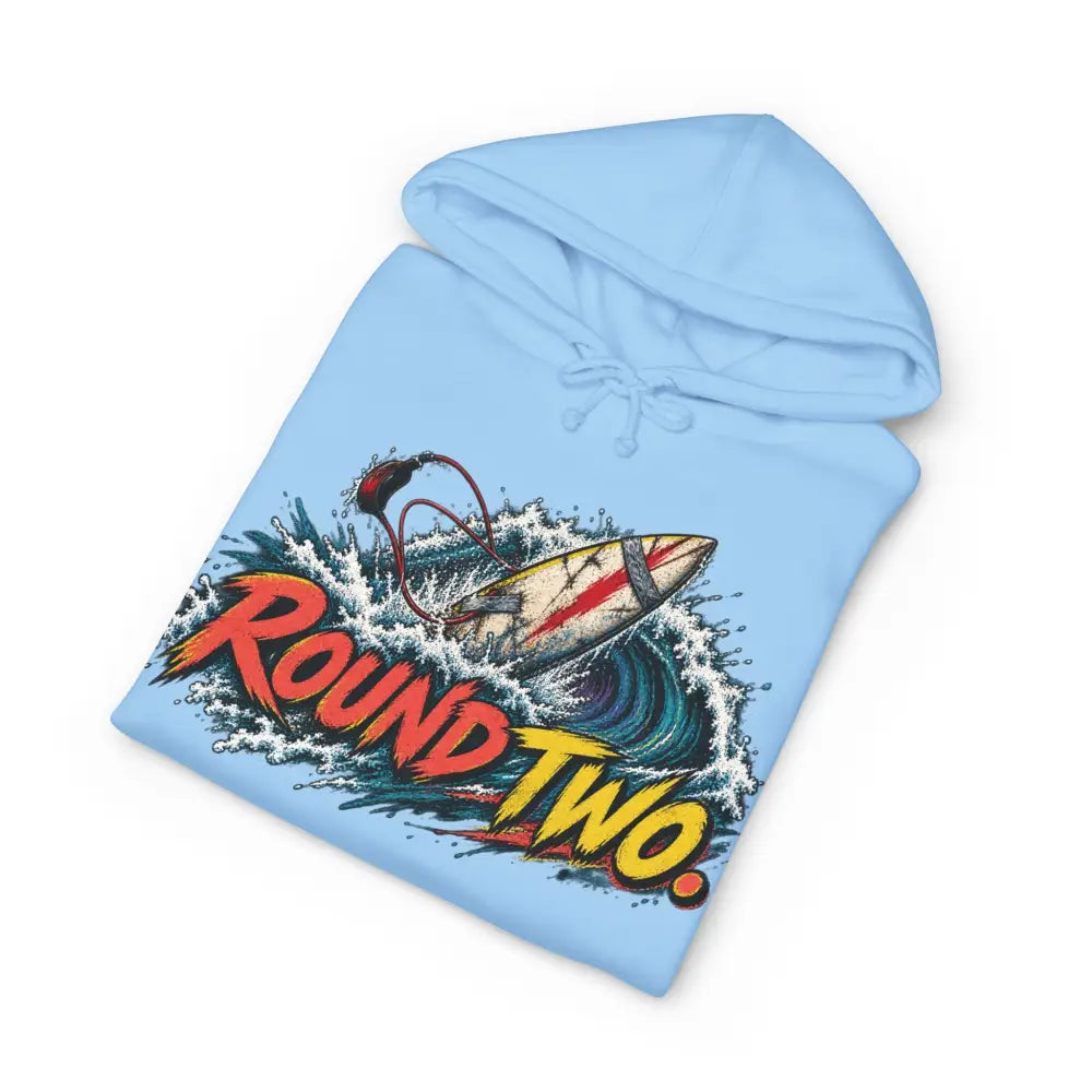 Light blue unisex surf hoodie with vibrant round two retro graphic pullover machine wash max 30c care instructions