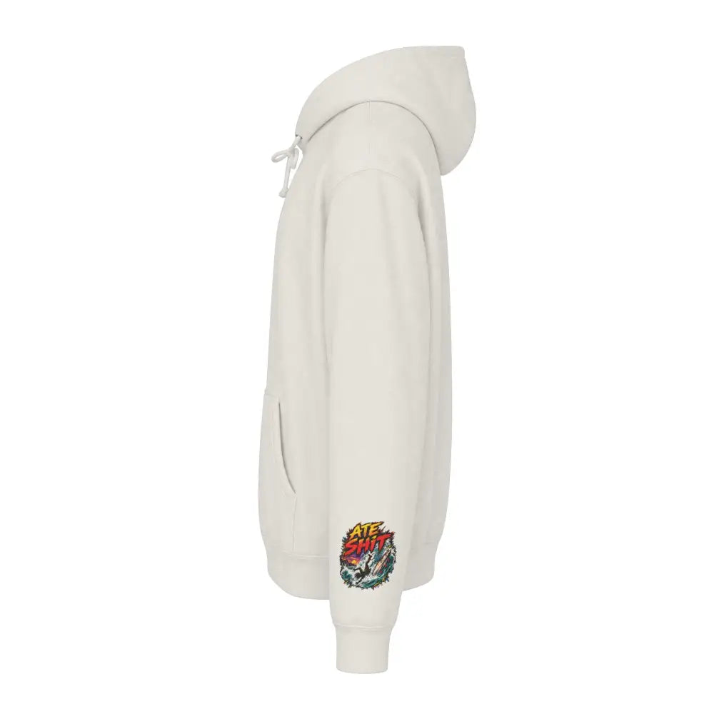 Cream-colored unisex surf hoodie with vibrant graphic patch on left sleeve care instructions machine wash max 30c