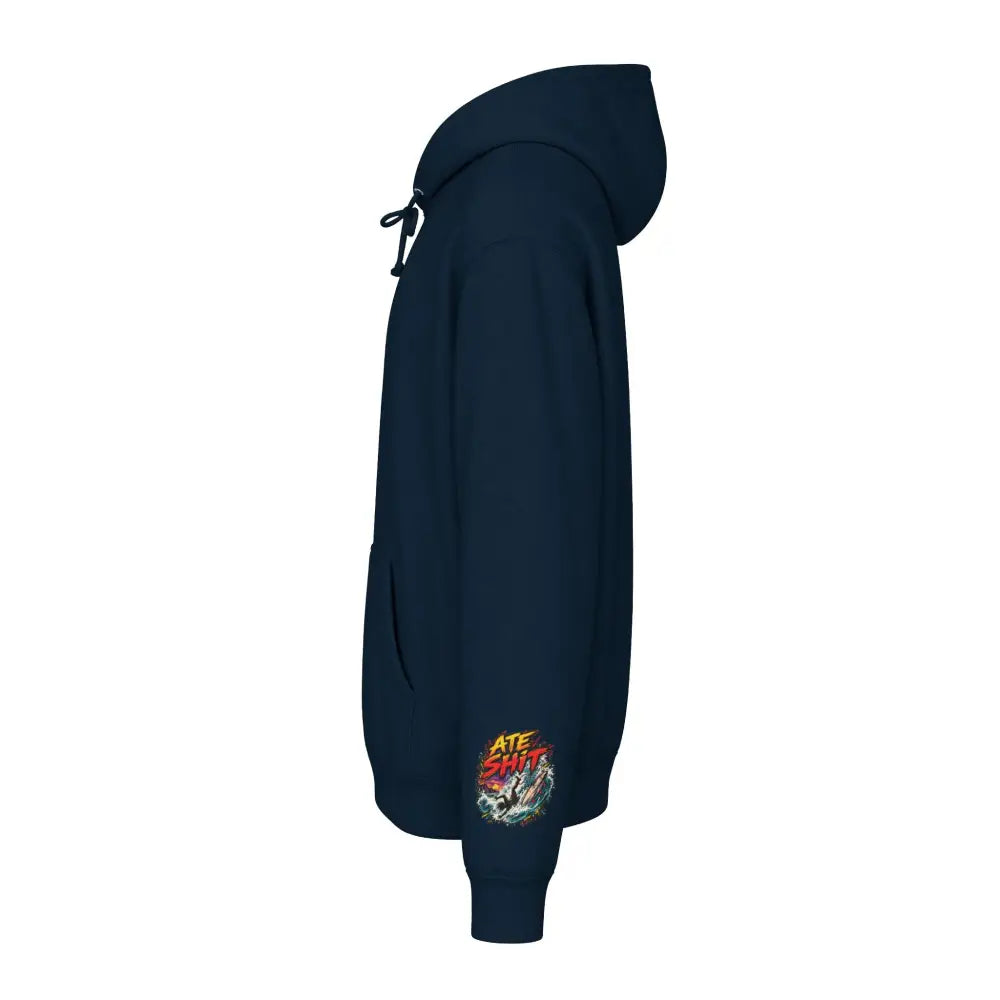 Navy blue unisex surf hoodie with colorful ate shit graphic on left sleeve care instructions machine wash max 30c