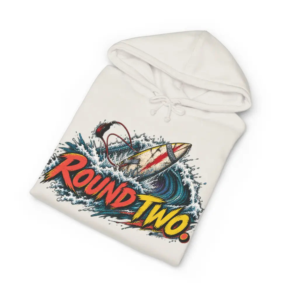 White unisex surf hoodie with vibrant retro surf graphic and round two lettering, machine wash max 30c care instructions