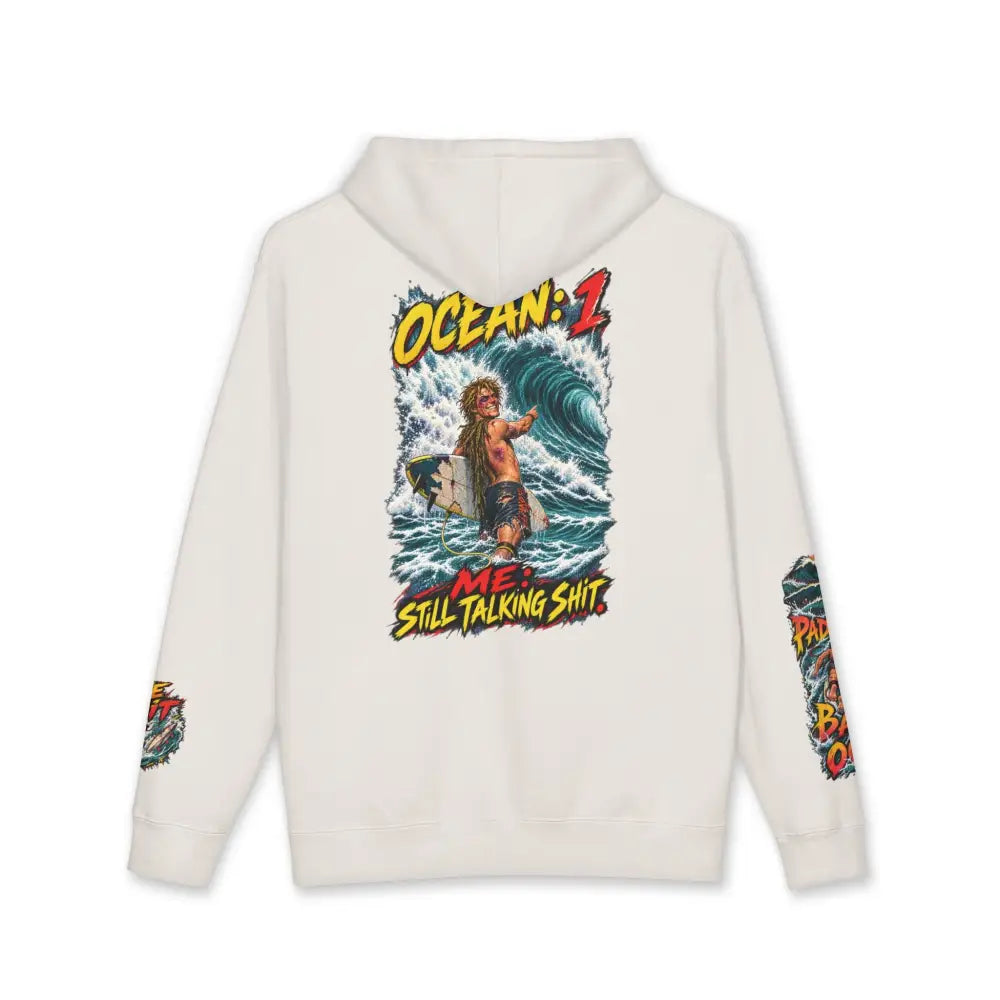 Off-white unisex surf hoodie with vibrant retro graphic and bold ocean me still talking shit text machine wash max 30c