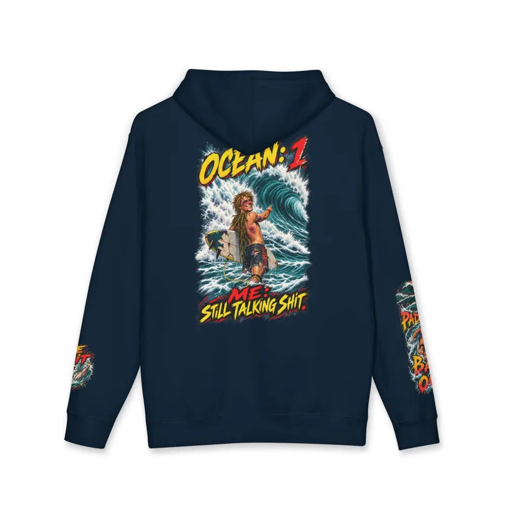 Back of a navy blue unisex surf hoodie with a vibrant retro graphic and bold yellow ocean text machine wash max 30c care instructions
