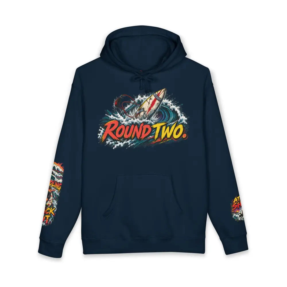 Dark navy blue unisex surf hoodie with vibrant round two graphic and colorful sleeves machine wash max 30c care instructions