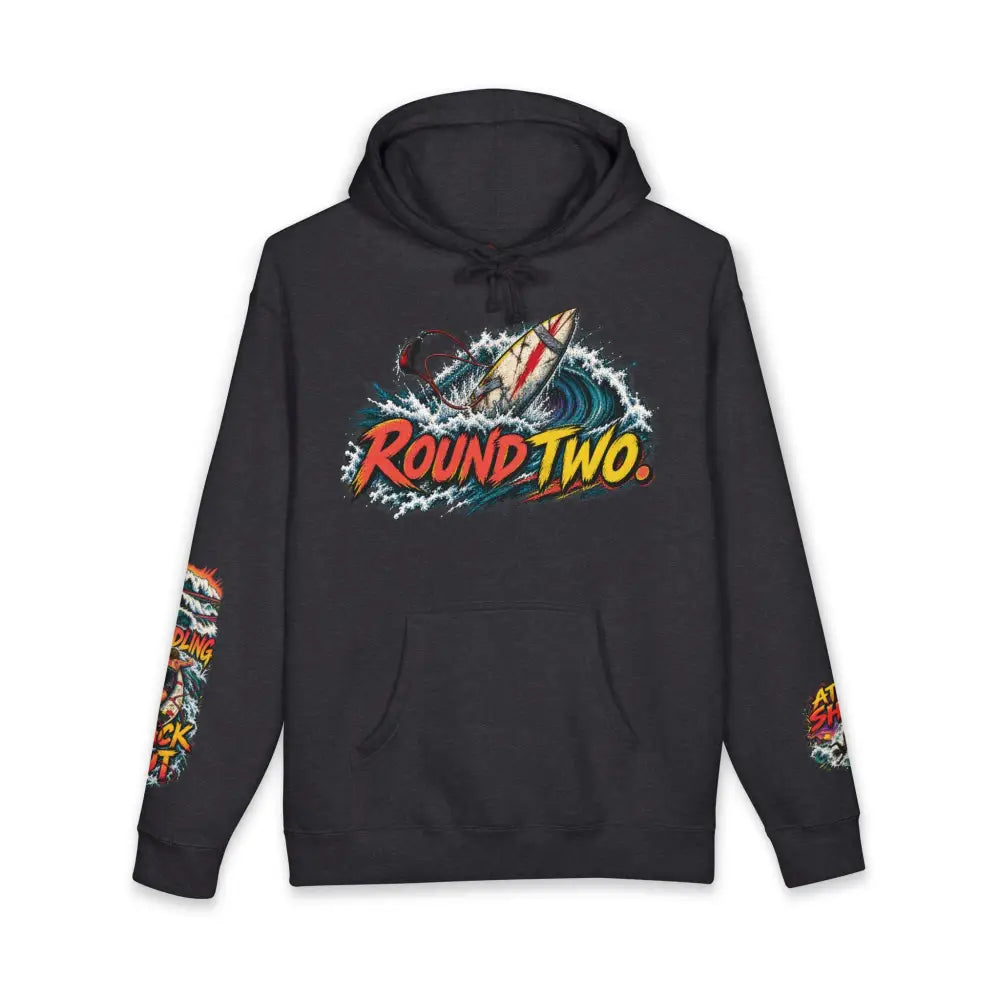 Black unisex surf hoodie with vibrant round two graphic and colorful sleeves machine wash max 30c care instructions