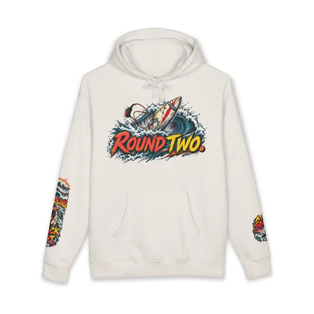 Cream-colored unisex surf hoodie with vibrant round two graphic and matching sleeves machine wash max 30c care instructions