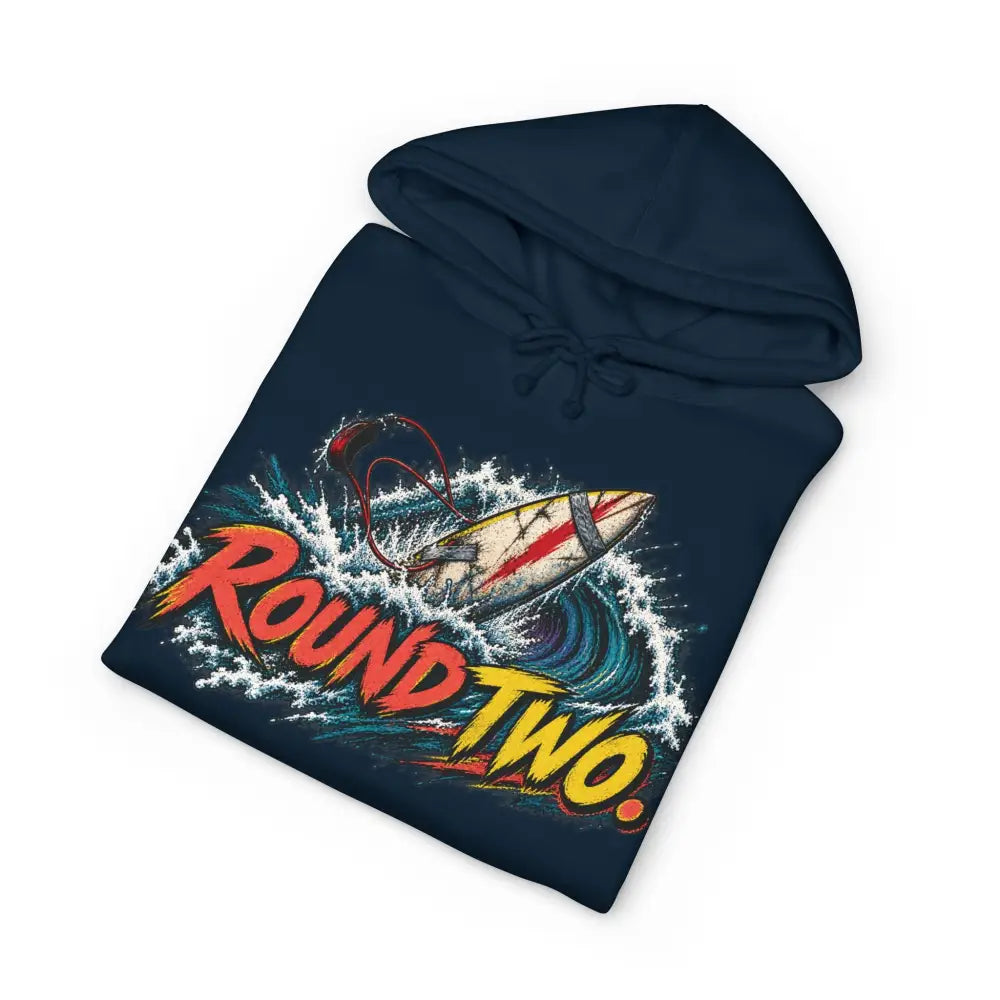 Navy blue unisex surf hoodie with vibrant round two retro graphic pullover care instructions machine wash max 30c