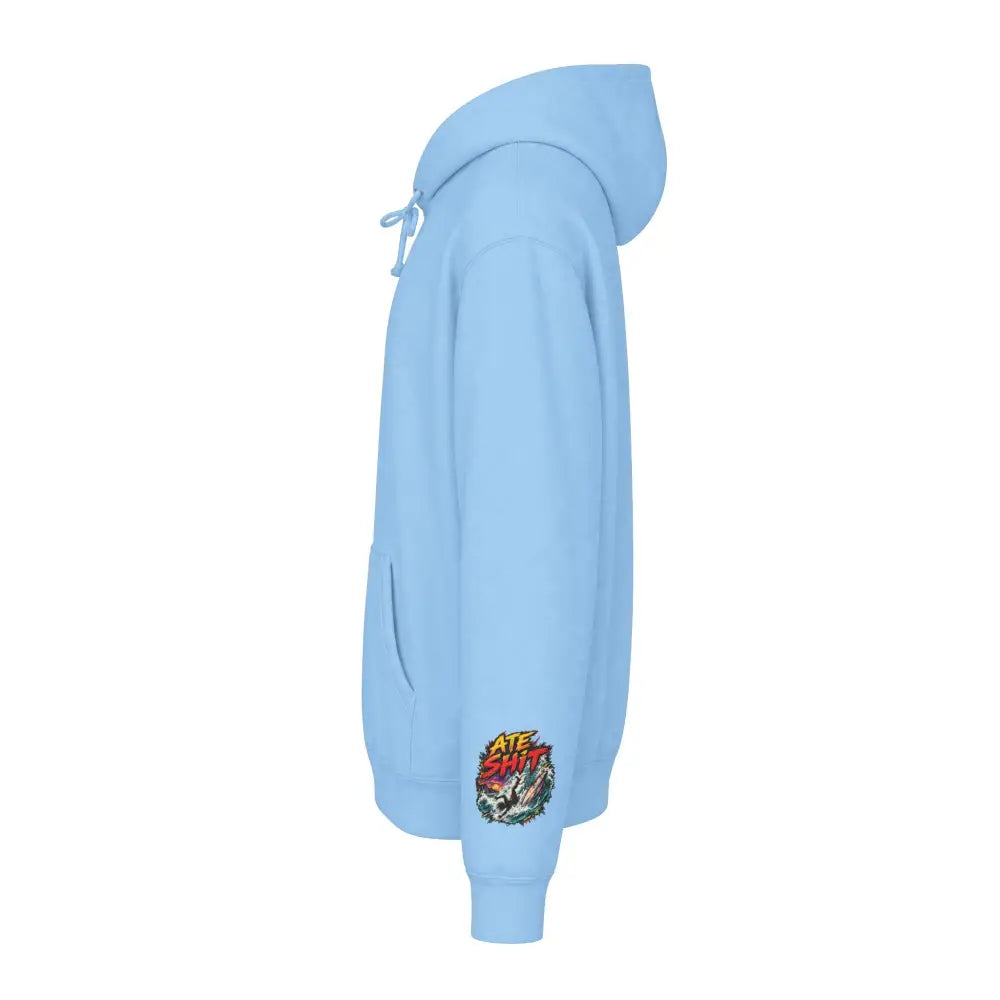 Unisex light blue surf hoodie with colorful ate shit graphic on left sleeve machine wash max 30c care instructions