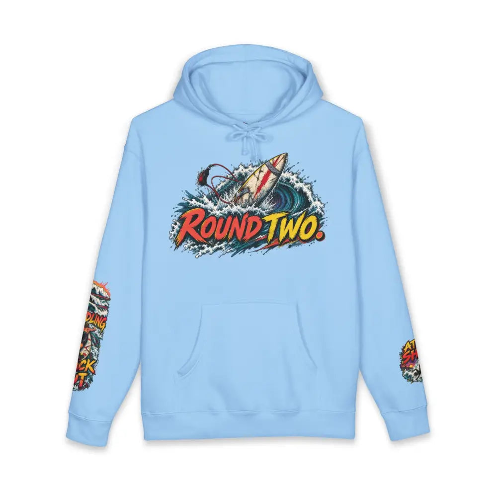Light blue unisex surf hoodie with vibrant round two graphic and matching sleeves machine wash max 30c care instructions