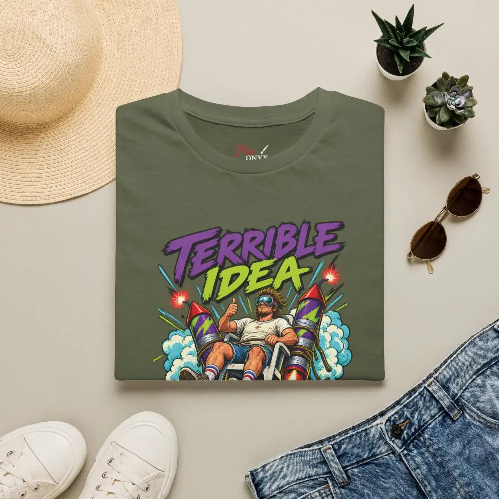 Olive green cotton unisex t-shirt with retro rocket graphic and terrible idea text, low heat tumble dry care instructions