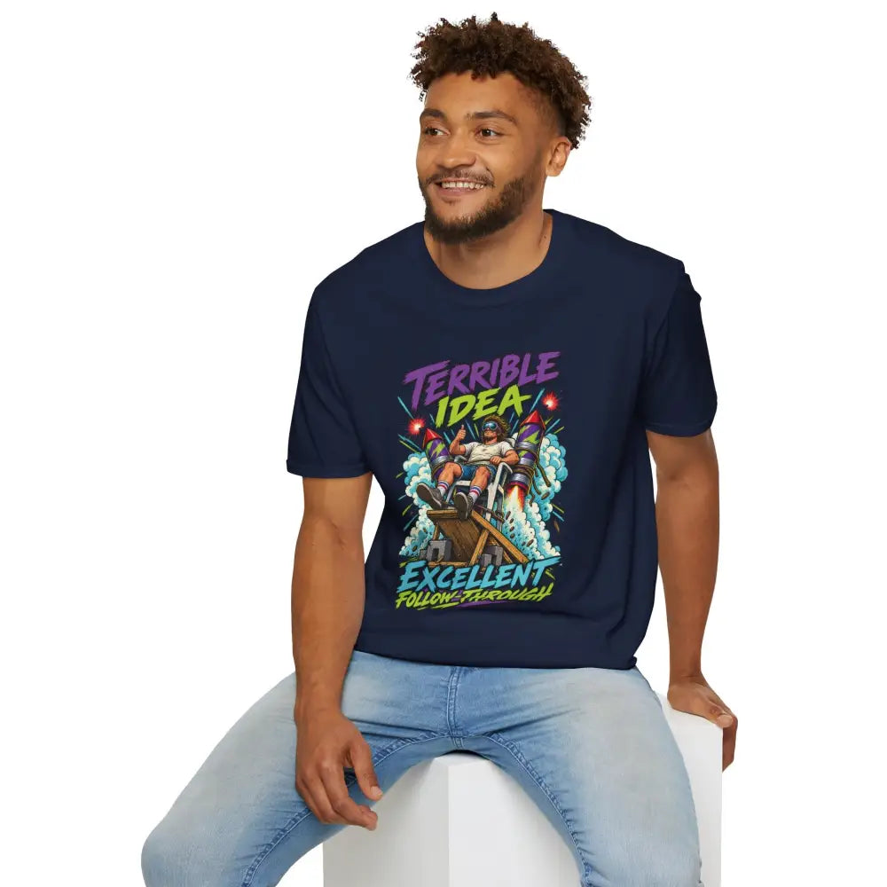 Navy blue unisex t-shirt with vibrant roller coaster print saying terrible idea excellent follow-through low heat tumble dry care instructions