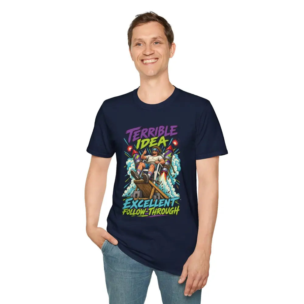 Navy blue unisex t-shirt with retro rocket graphic and text terrible idea excellent follow through made of soft cotton low heat tumble dry care instructions