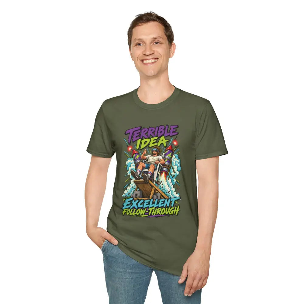 Olive green unisex t-shirt with a retro rocket graphic and text suitable for low heat tumble dry care instructions