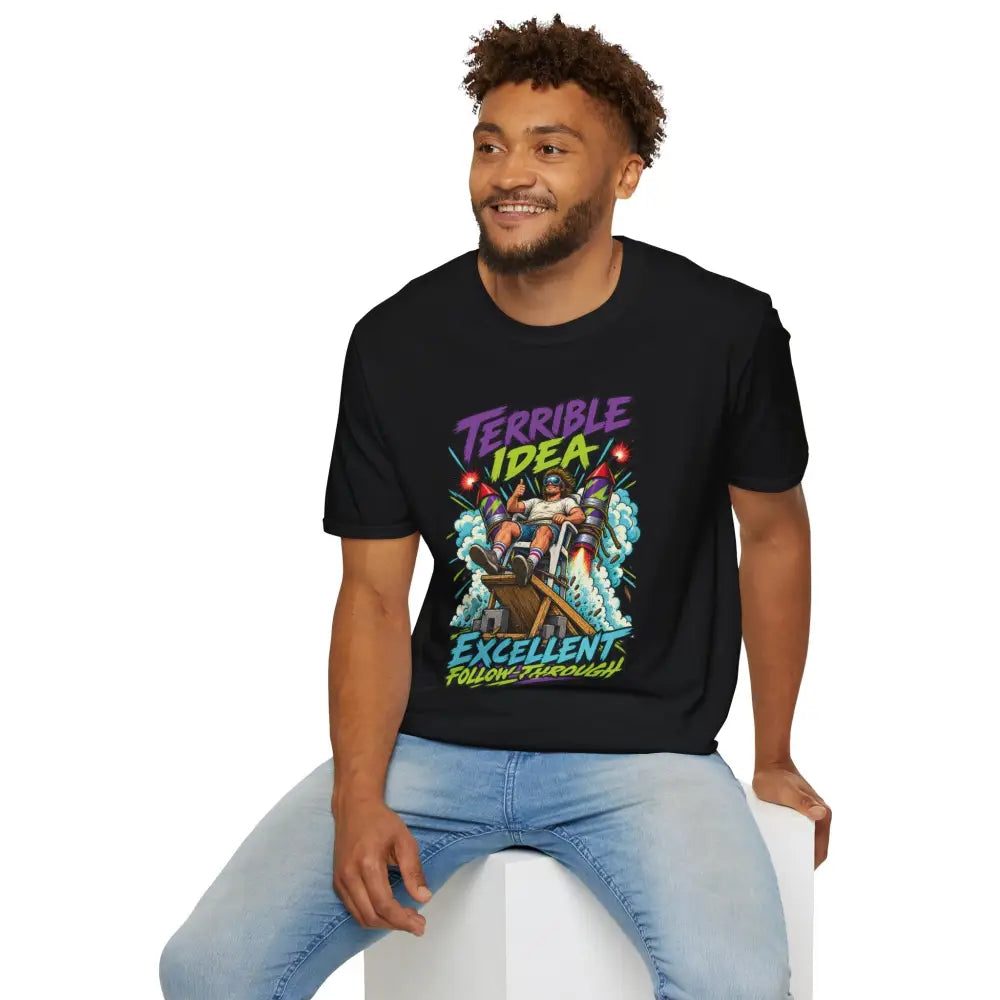Black cotton unisex t-shirt with retro rocket graphic terrible idea excellent follow-through care instructions low heat tumble dry