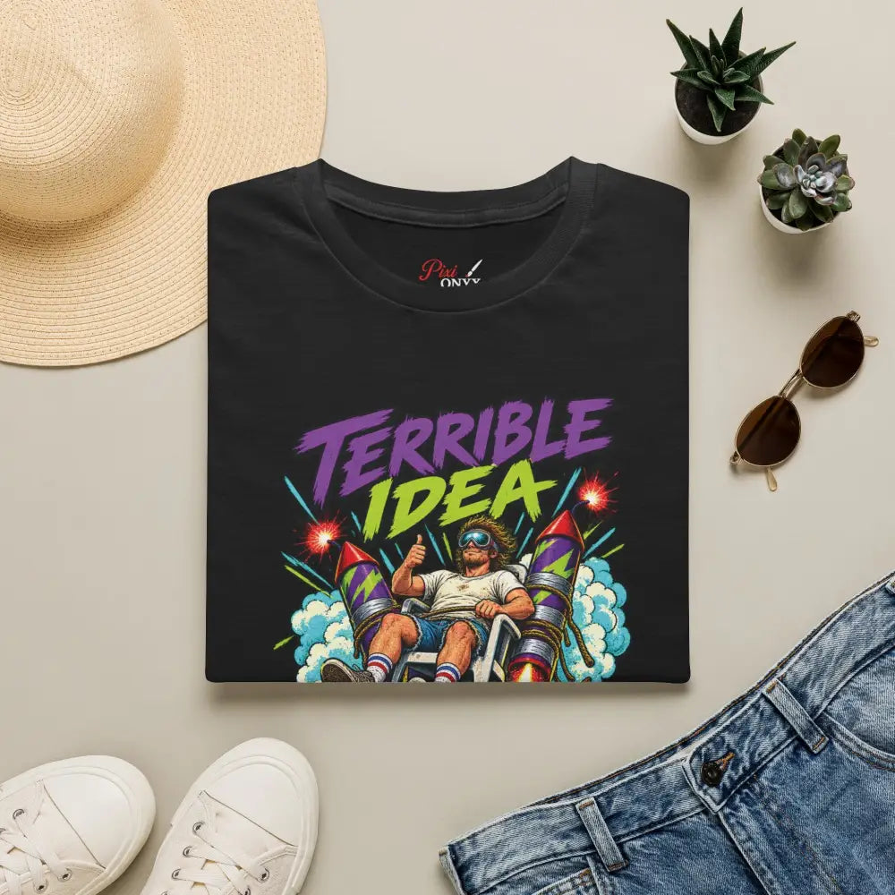 Black cotton unisex t-shirt with retro terrible idea rocket graphic, care instructions recommend low heat tumble dry