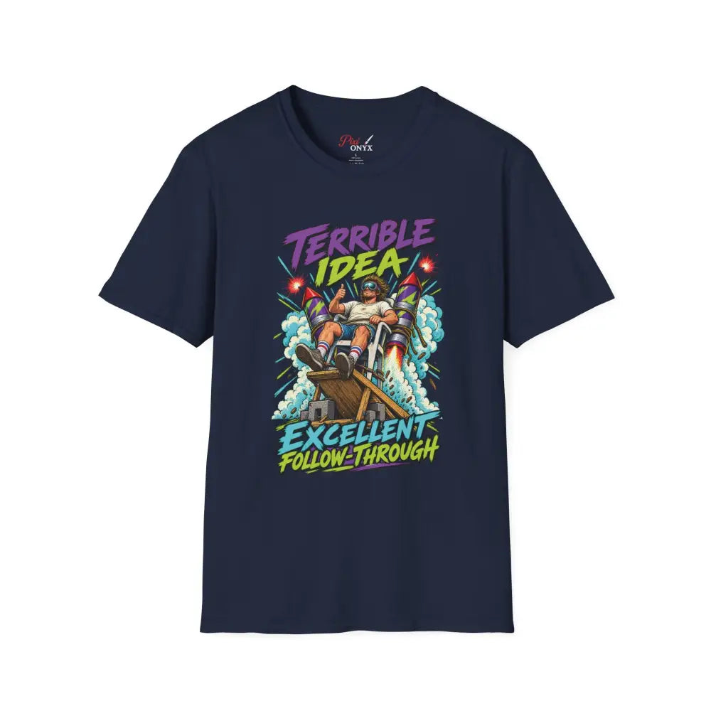 Dark navy blue unisex t-shirt with retro rocket graphic reading terrible idea excellent follow through made of cotton low heat tumble dry care instructions
