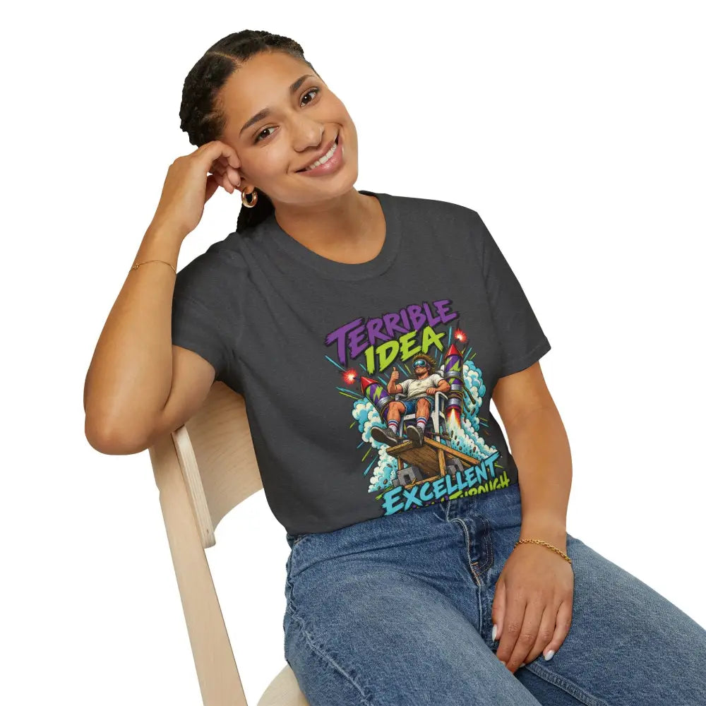 Dark gray cotton unisex t-shirt with vibrant wheelchair graphic and colorful terrible idea excellent text low heat tumble dry care instructions