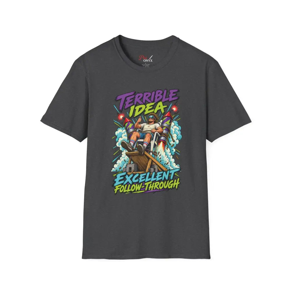 Dark gray unisex short-sleeved t-shirt with retro rocket graphic and text terrible idea excellent follow-through low heat tumble dry care instructions
