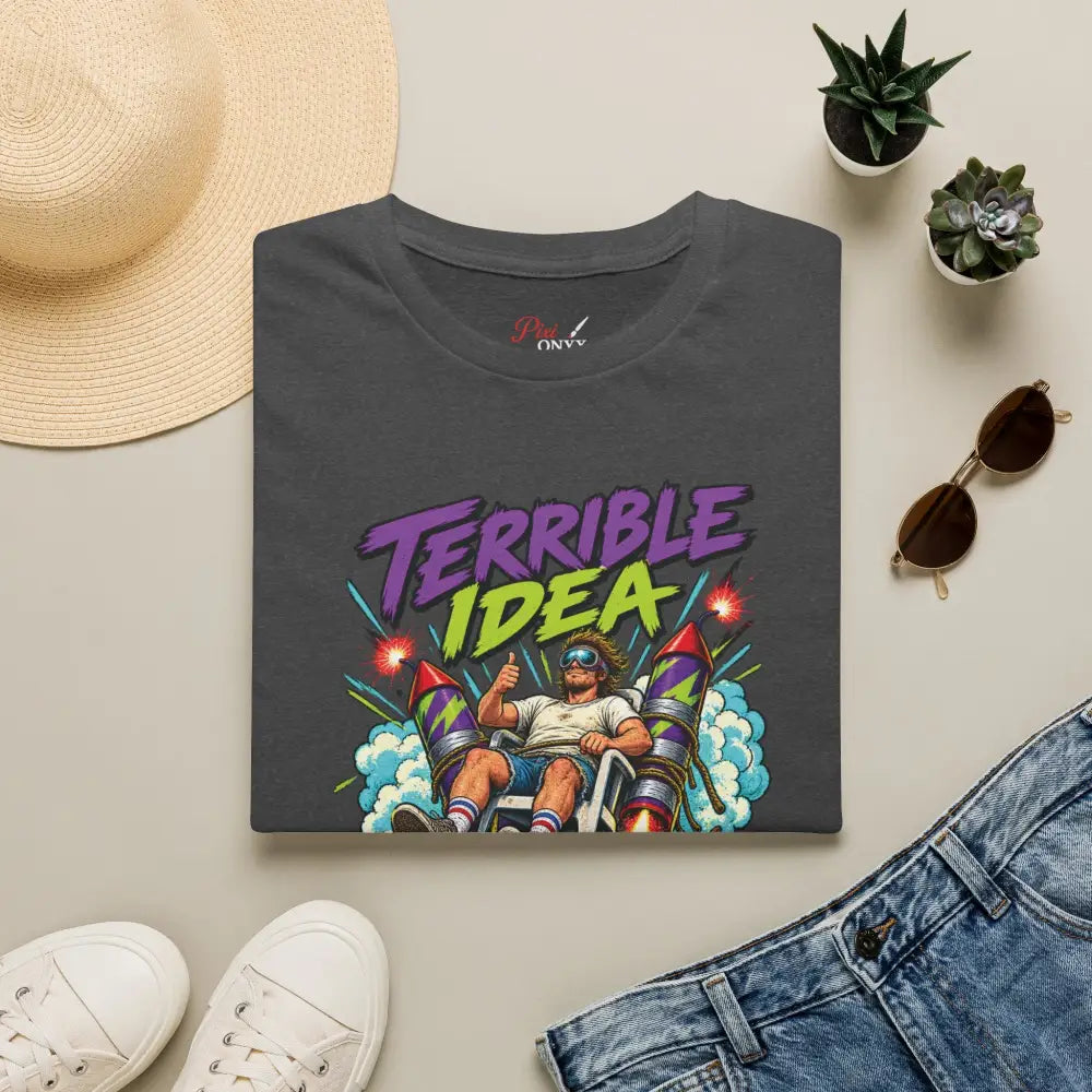 Dark gray unisex t-shirt with retro rocket graphic and terrible idea text, machine washable low heat tumble dry care instructions