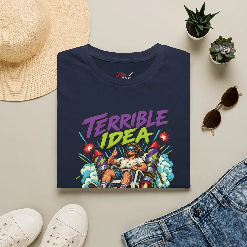 Navy blue unisex t-shirt with retro rocket graphic and terrible idea text made of soft cotton low heat tumble dry care instructions