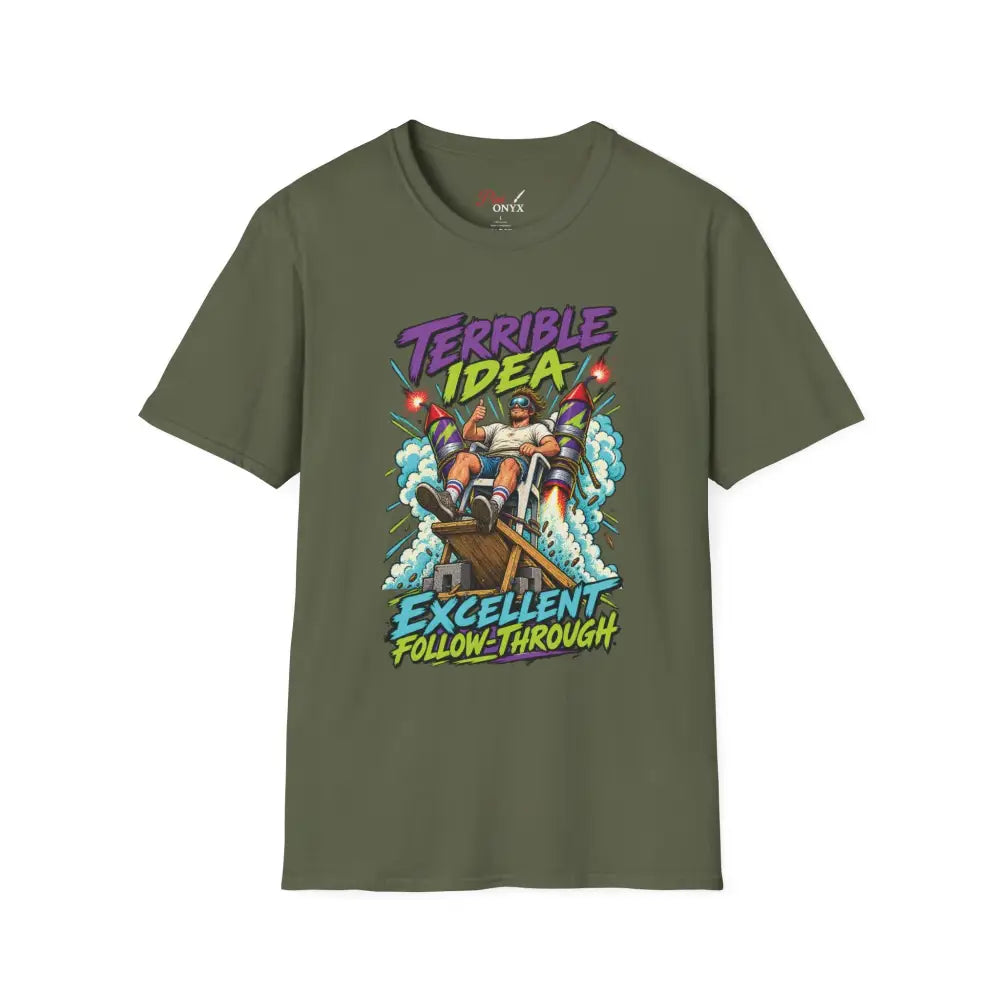 Olive green unisex t-shirt with a retro rocket graphic and text terrible idea excellent follow-through made for low heat care instructions and tumble dry