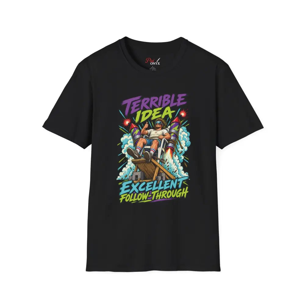 Black short-sleeved unisex t-shirt with vibrant cartoon rocket sled graphic and text terrible idea excellent follow-through low heat tumble dry care instructions