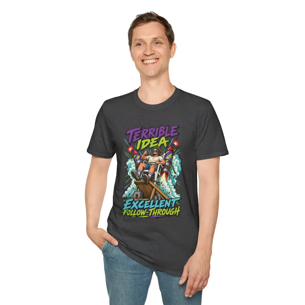 Dark gray cotton unisex t-shirt with retro rocket graphic and terrible idea excellent follow through text tumble dry low heat care instructions