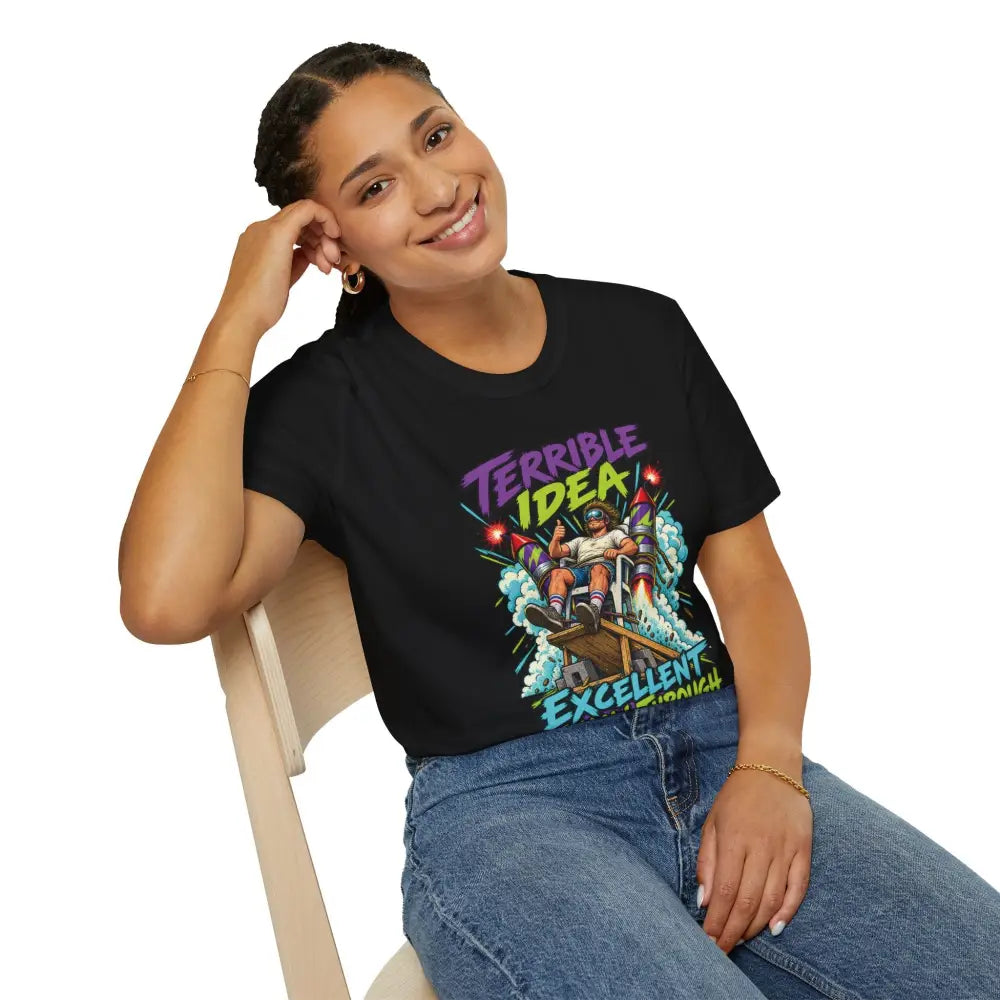 Black cotton unisex t-shirt with retro rocket graphic and terrible idea excellent text, low heat tumble dry care instructions