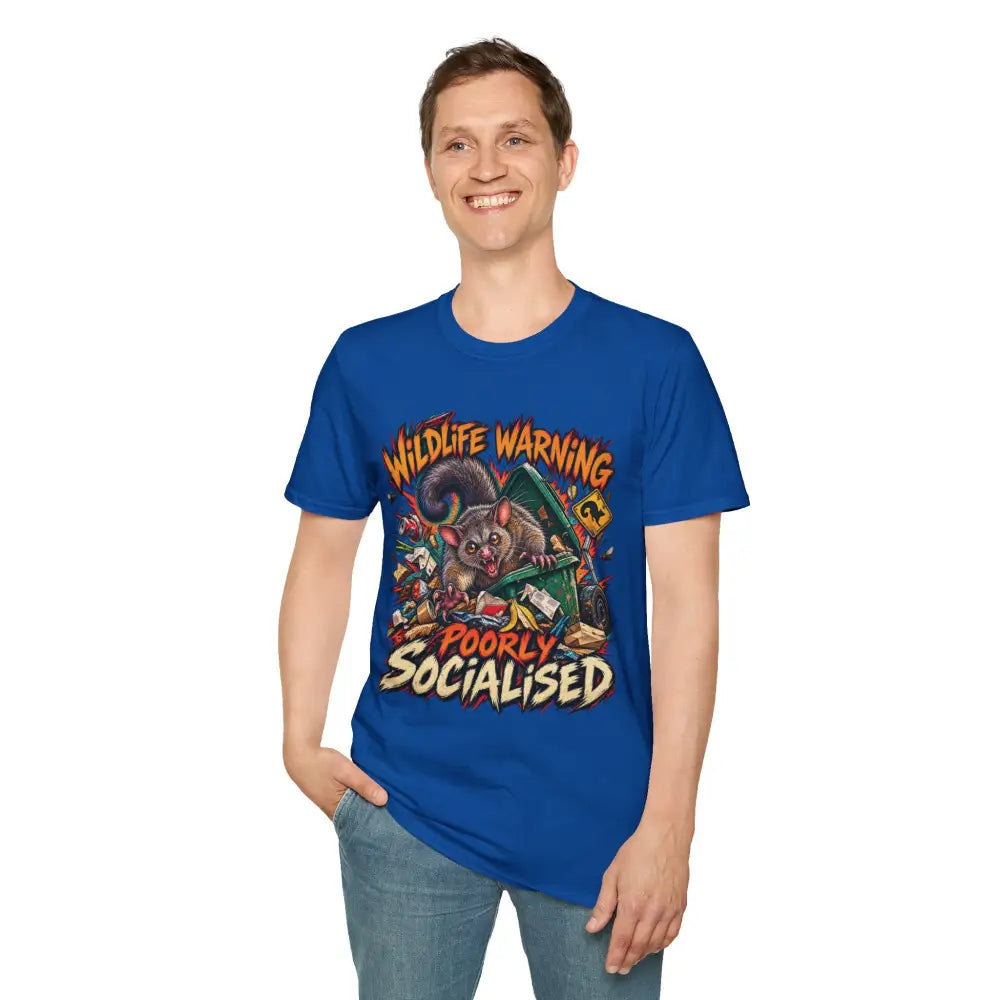 Unisex blue t-shirt made of ring-spun cotton featuring a colorful marsupial graphic with wildlife warning text and low heat care instructions