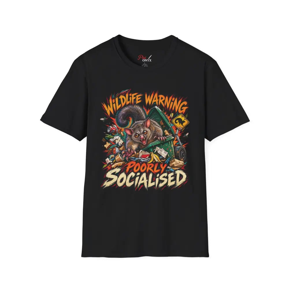 Black unisex short-sleeved t-shirt with wildlife warning cartoon possum design made of ring-spun cotton care instructions low heat