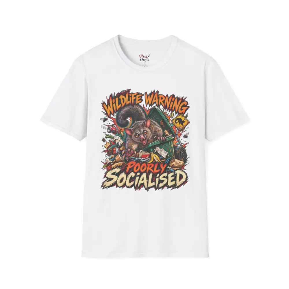 White short-sleeved ring-spun cotton t-shirt with wildlife warning cartoon possum design care instructions low heat