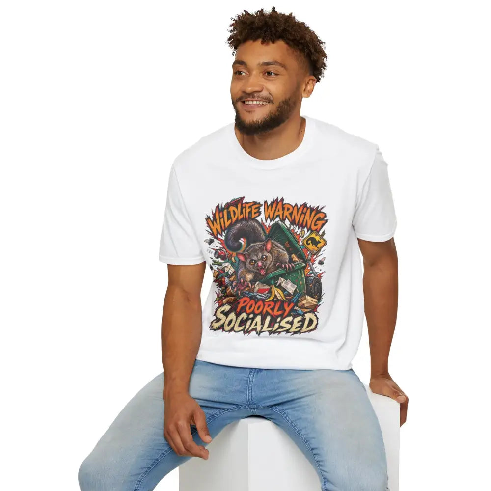 White unisex t-shirt with colorful cartoon possum and wildlife warning poorly socialised text made of ring-spun cotton with low heat care instructions