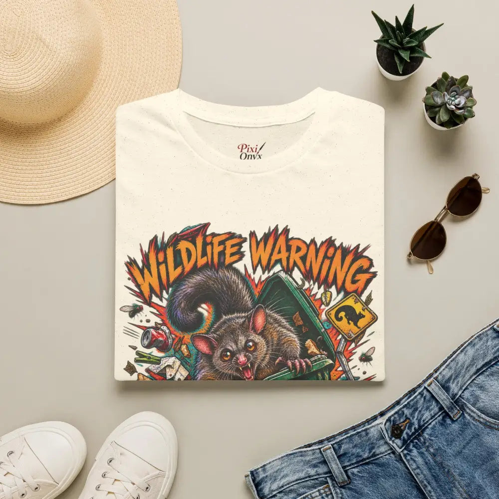 Off-white pixi onyx unisex t-shirt with comic-style wildlife warning possum graphic made from ring-spun cotton care instructions recommend low heat