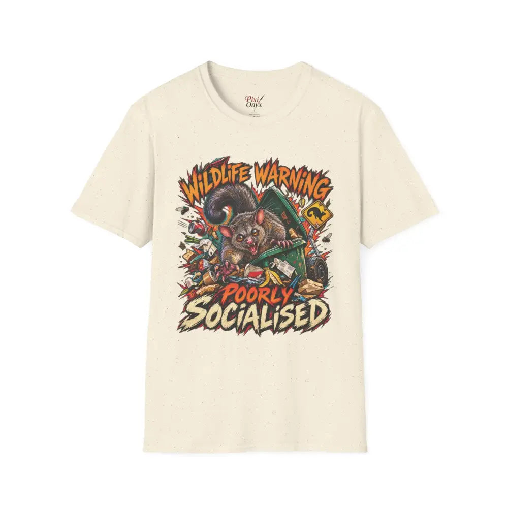 Cream short-sleeved ring-spun cotton t-shirt with vibrant cartoon possum design and wildlife warning text care instructions low heat