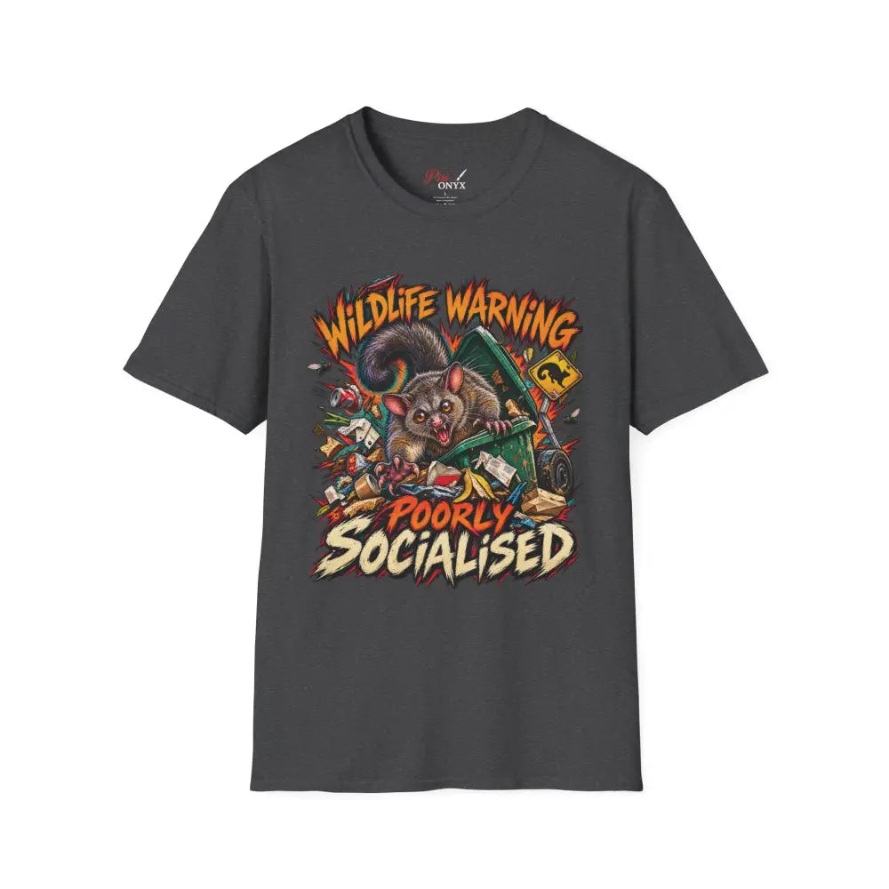 Dark gray unisex t-shirt with cartoon possum wildlife warning design made of ring-spun cotton with low heat care instructions