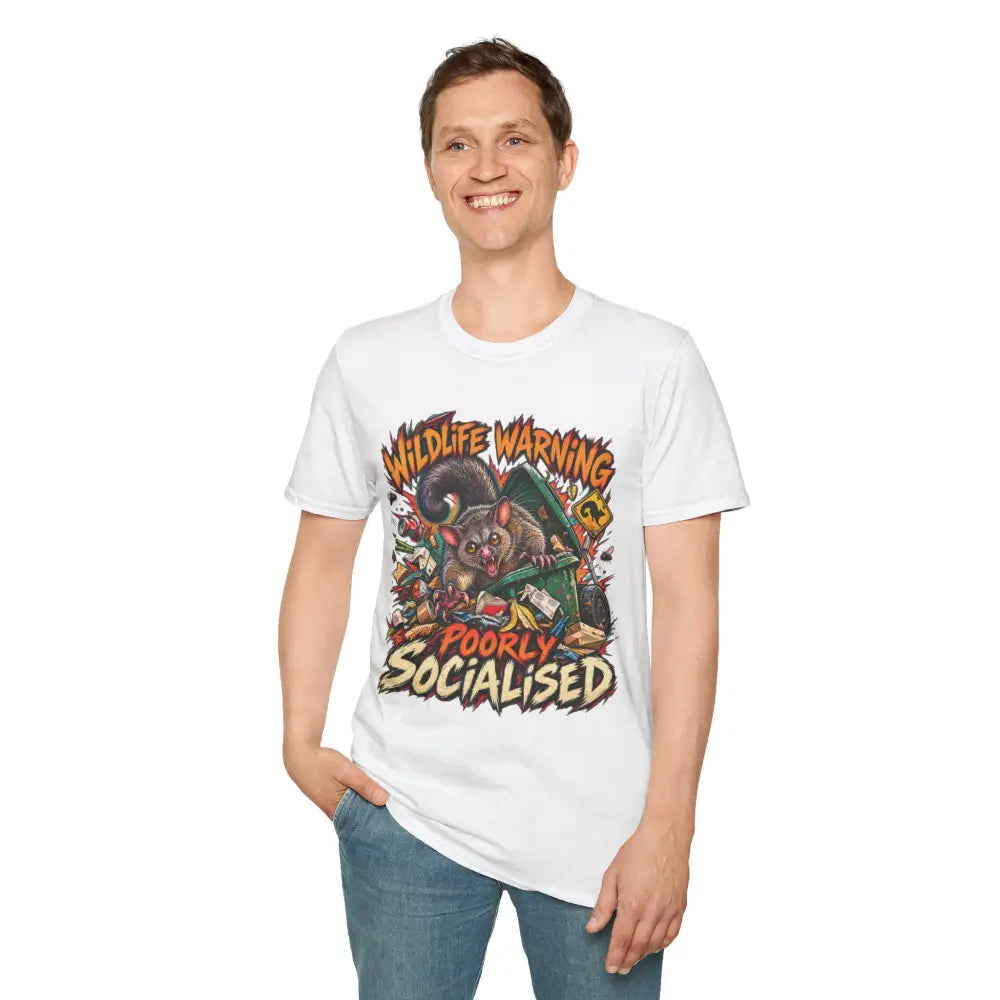Unisex white ring-spun cotton t-shirt with colorful cartoon possum graphic and wildlife warning text low heat care instructions