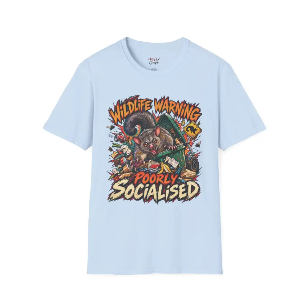 Light blue unisex ring-spun cotton t-shirt with wildlife warning cartoon possum graphic and care instructions low heat