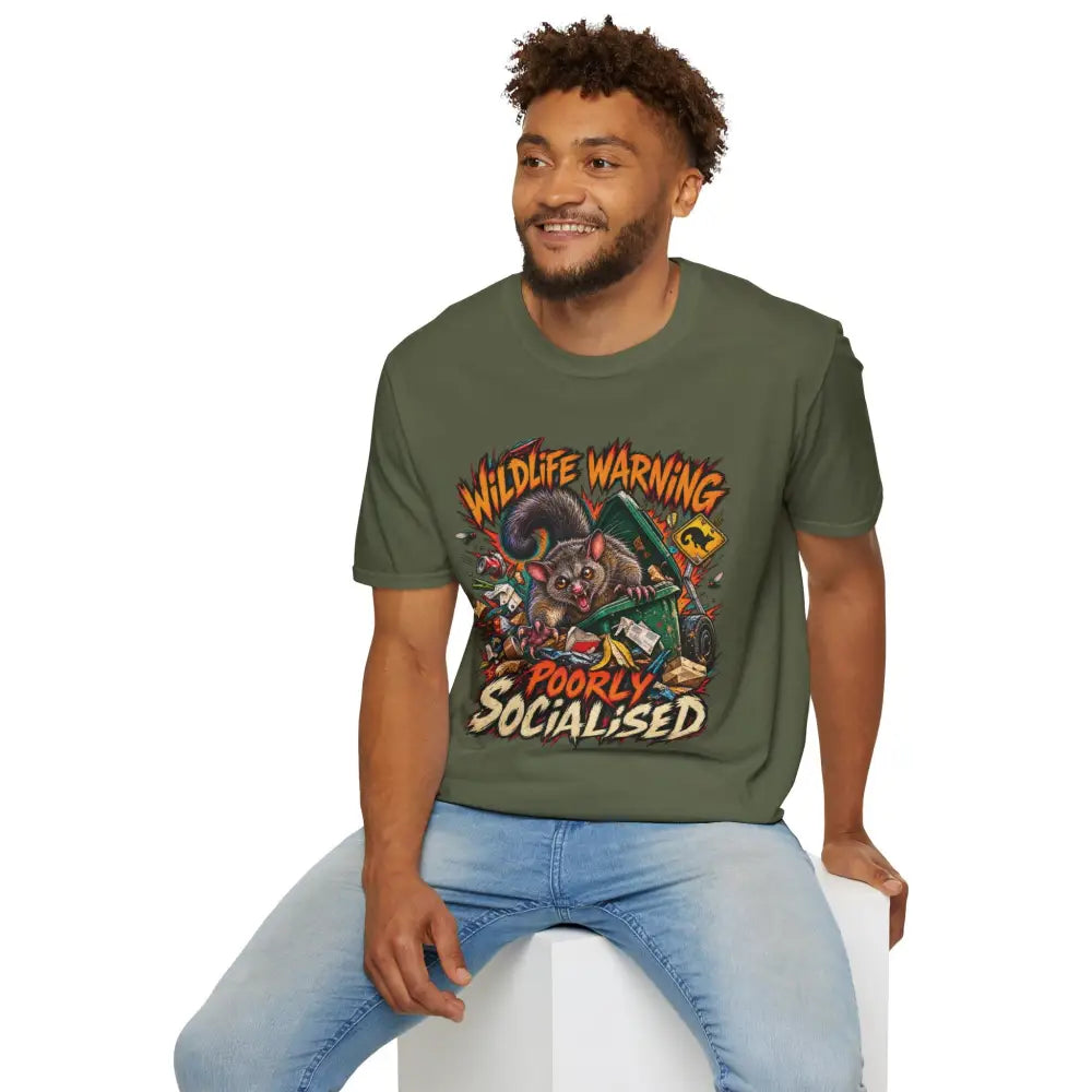 Olive green unisex t-shirt with cartoon possum wildlife warning design made of ring-spun cotton with low heat care instructions