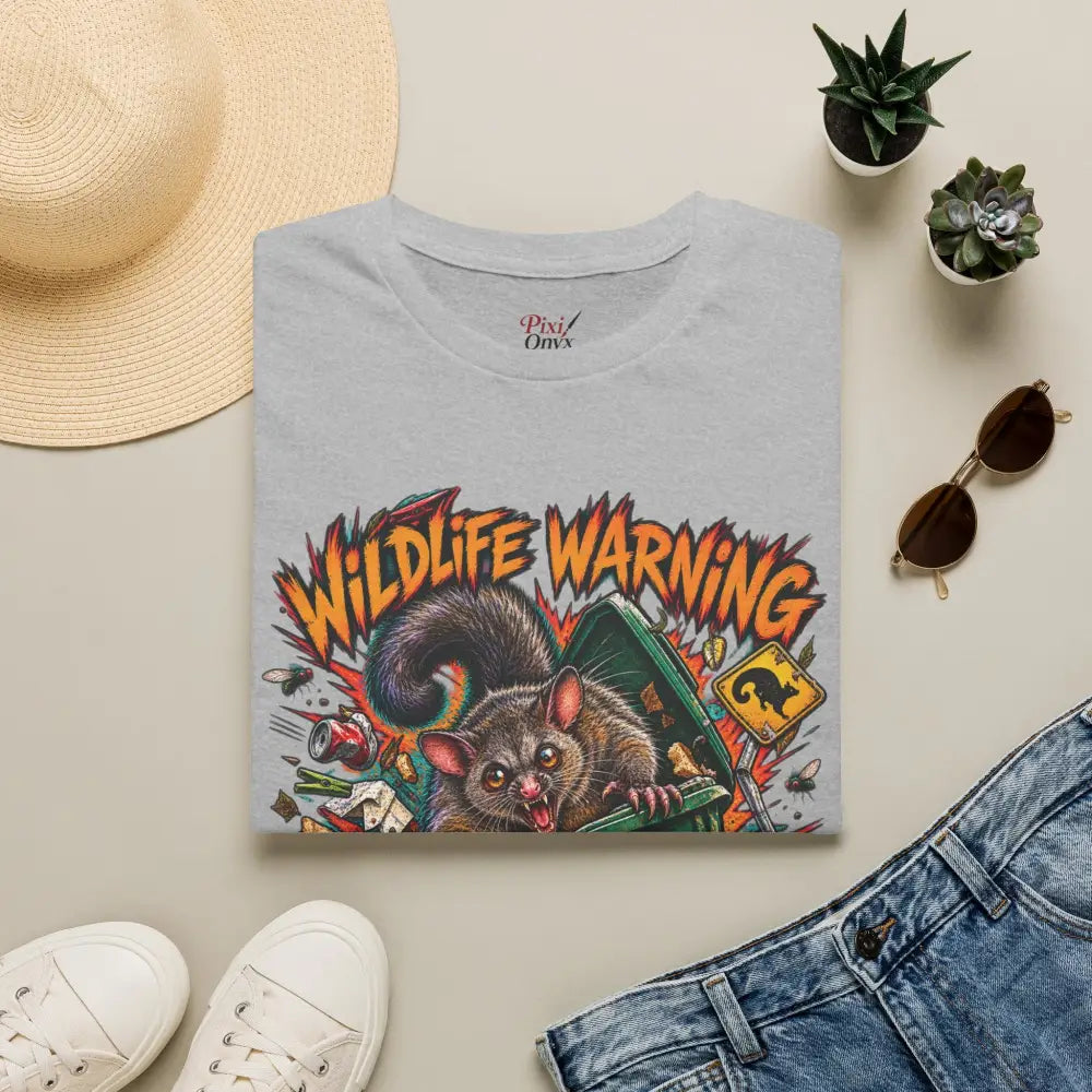 Gray unisex t-shirt with vibrant wildlife warning cartoon opossum design made of ring-spun cotton care instructions low heat