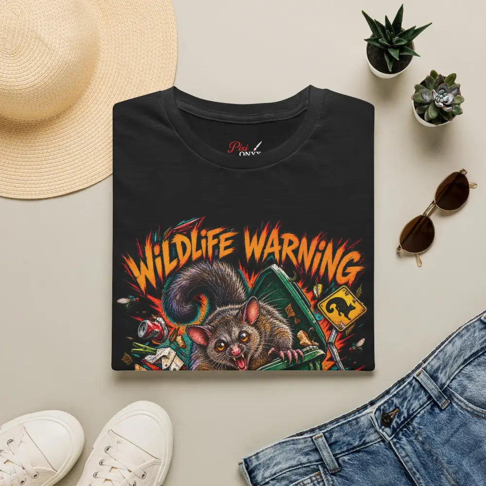 Black unisex t-shirt featuring a vibrant cartoon possum graphic with wildlife warning text made of ring-spun cotton with low heat care instructions
