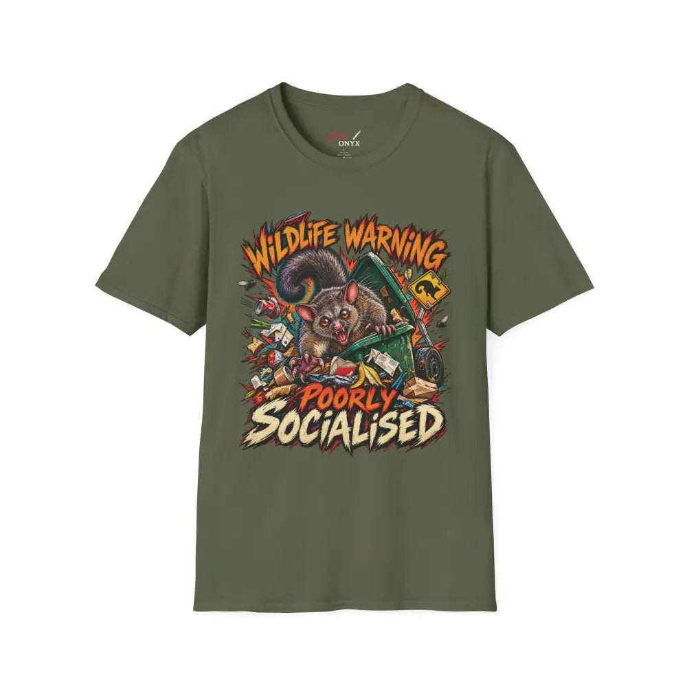 Olive green unisex ring-spun cotton t-shirt with vibrant cartoon possum graphic and wildlife warning, low heat care instructions