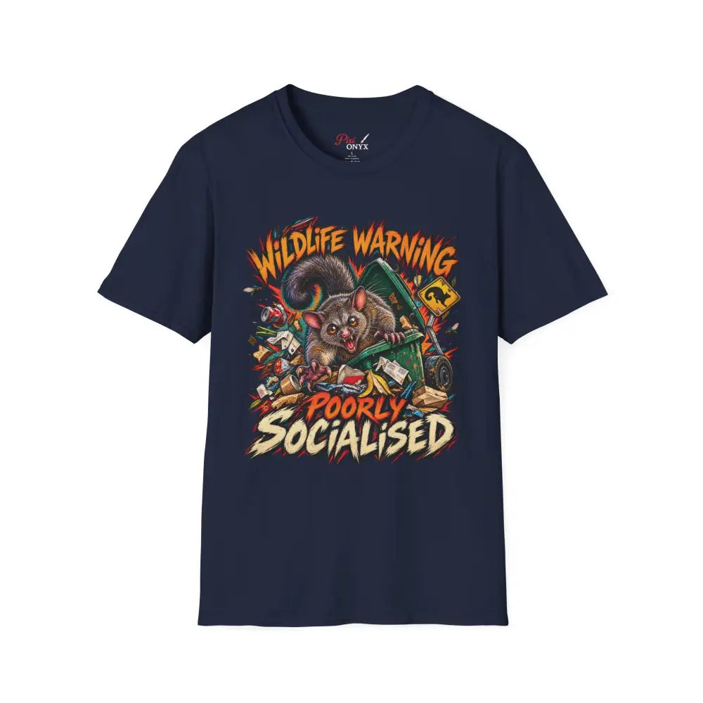 Navy blue unisex short-sleeved t-shirt with cartoon possum graphic wildlife warning design made of ring-spun cotton with low heat care instructions